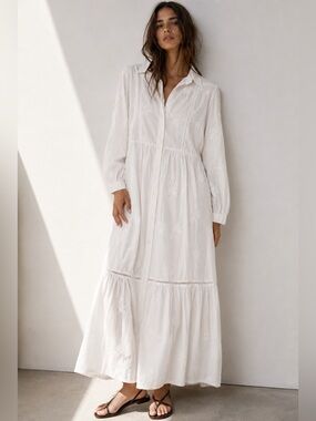 Zara White Embroidered Cotton Tiered Maxi Shirt Dress XL